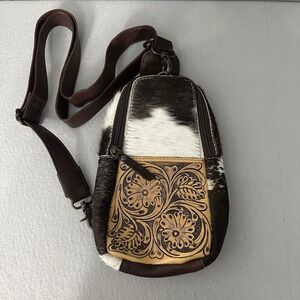 Cowhide Hair Tooled Sling Bag Adjustable Shoulder Strap NWT Western Cowgirl